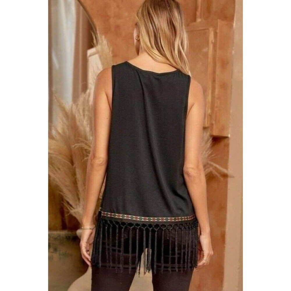 Savannah Jane Women's Size Medium Black Tank Aztec Print Fringe - Picture 2 of 8